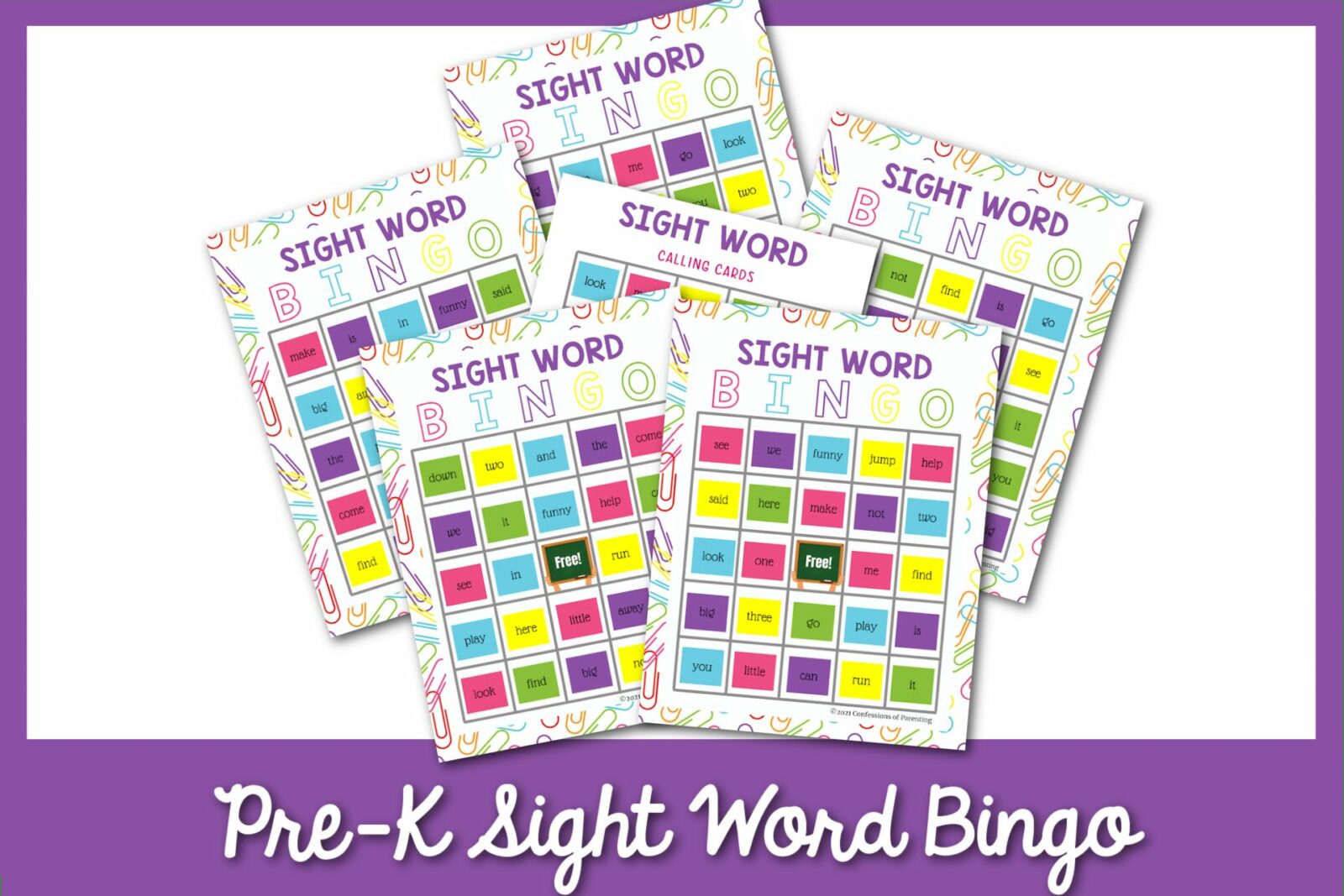 Thẻ Bingo Pre-K Sight Word miễn phí [6 Different Cards]